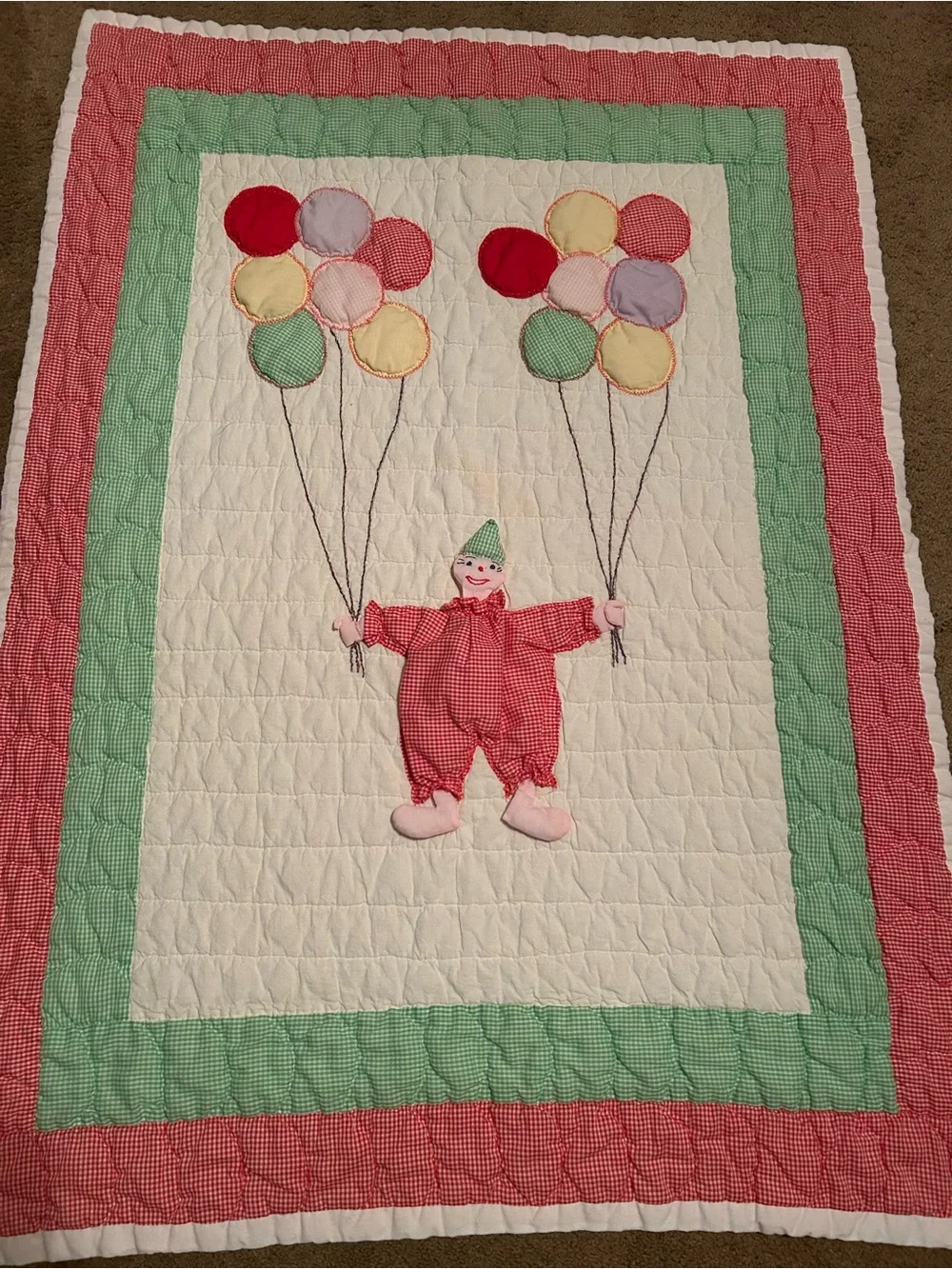 Vintage Clown Balloon Patchwork Baby Quilt - Pink, Green, Cream